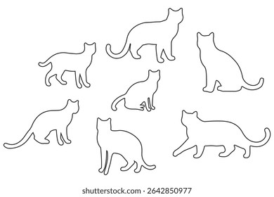 Collection of black cat silhouettes in various poses. Set of black cat silhouette. Kitten silhouette collection isolated on white background