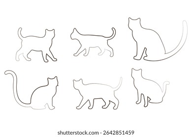 Collection of black cat silhouettes in various poses. Set of black cat silhouette. Kitten silhouette collection isolated on white background