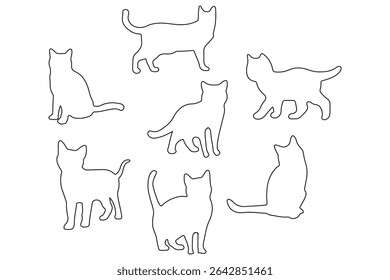 Coleção de silhuetas de gato preto em várias poses. Conjunto de silhueta de gato preto. Coleção de silhuetas de gatinho isolado no fundo branco