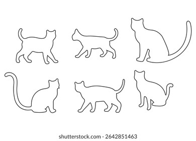 Collection of black cat silhouettes in various poses. Set of black cat silhouette. Kitten silhouette collection isolated on white background