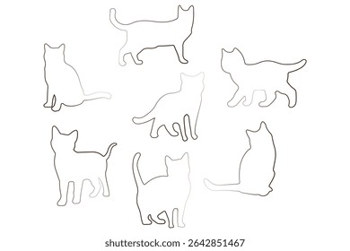 Collection of black cat silhouettes in various poses. Set of black cat silhouette. Kitten silhouette collection isolated on white background