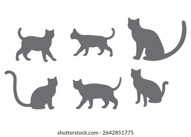 Collection of black cat silhouettes in various poses. Set of black cat silhouette. Kitten silhouette collection isolated on white background