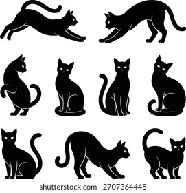 Coleção de silhuetas de gato preto em várias poses
