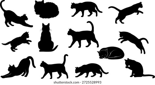 Collection of black cat silhouettes in various poses and orientations