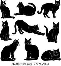Uma coleção de silhuetas de gato preto em várias poses.