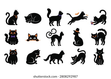 Collection of black cat vector silhouettes. Halloween animal icons in different poses. Spooky festive kitten graphics.