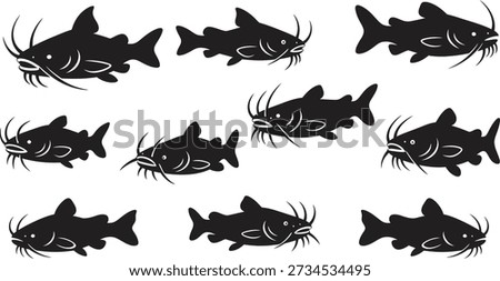 A collection of black catfish silhouettes with distinctive fins and whisker-like barbels