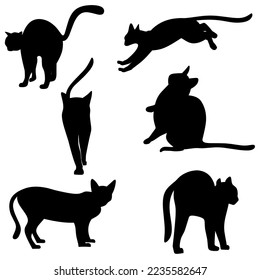 Collection of black cats on a white background. Cats in various body poses. Vector silhouette