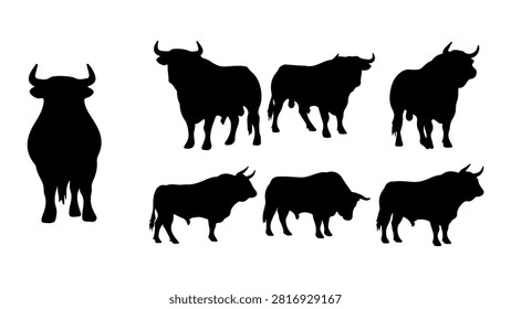 Collection of black cattle silhouettes showcasing different breeds and sizes in a group, ideal for agricultural or livestock themes.