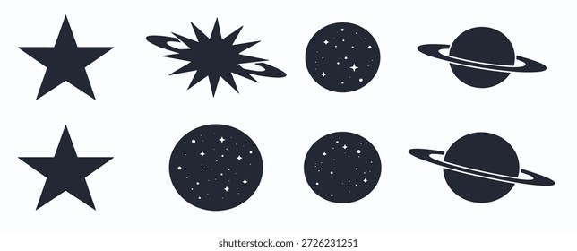  colección de íconos celestes negros incluyendo planetas