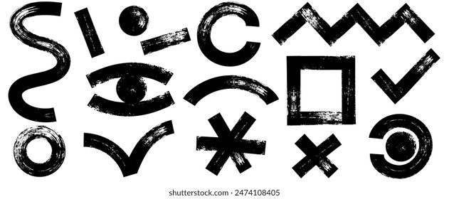 Collection of black charcoal graffiti various geometric shapes. Bold marker brush drawn curved doodle elements for templates and collages. Punk and grunge style.