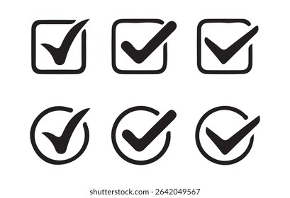 Collection of Black Check Mark Icons, Tick Symbols in Circle and Square Shapes, Verification Icons Set. Vector eps 10
