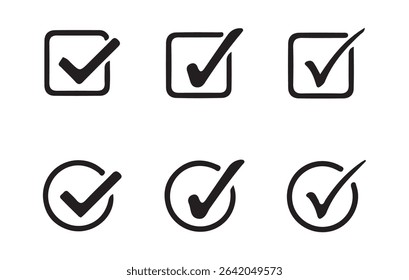 Collection of Black Check Mark Icons, Tick Symbols in Circle and Square Shapes, Verification Icons Set. Vector eps 10