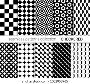 Collection of black checkered seamless patterns.