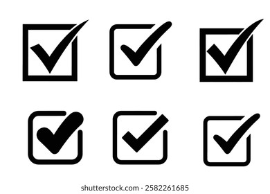 collection of Black Checkmark Icons in Square Boxes on White Background