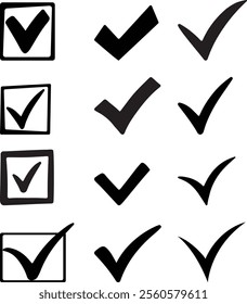 A collection of black checkmark ticks with varying line weights, offering versatile options for bold or subtle design. Ideal for web, app, and print projects.