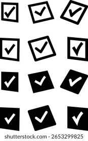 A collection of black checkmarks within white squares, scattered and tilted against a clean white background. This graphic represents completion, approval, and successful task management.