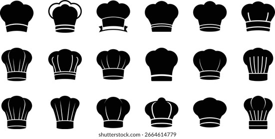 A collection of black chef hats, showcasing a variety of styles and pleating, all presented on a white background for maximum design flexibility.