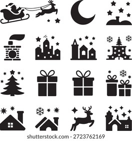 Coleção de ícones de Natal pretos com silhuetas festivas de Santa, trenó, rena, casas, presentes e flocos de neve em um fundo branco para vários projetos de design de férias e celebrações.