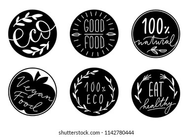 Collection of black circle label with hand-drawn lettering about healthy eco food, vegan. Set of healthy lifestyle logo with floral decor elements.