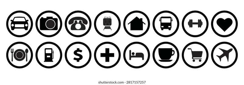 A collection of black circular icons featuring transportation, travel, lifestyle, health, shopping, finance, and everyday activities. The set includes car, camera, telephone, train, house, bus, dumbbell, heart, dining, fuel, money, medical, hotel, coffee, shopping cart, and airplane symbols.