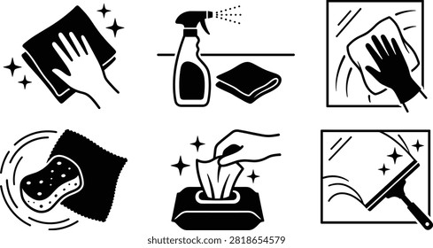 Collection of black cleaning and housekeeping vector icons showing wiping, disinfecting, window cleaning, and surface sanitation for hygiene and maintenance.
