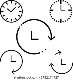 Colección de reloj negro y flechas circulares que representan el tiempo y la repetición en blanco