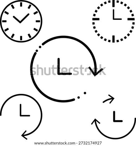 Collection of black clock and circular arrows representing time and repetition on white