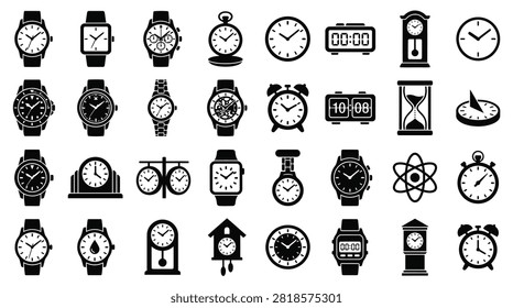Collection of black clock and watch icons featuring wristwatches, digital smartwatches, analog alarm clocks, hourglass, sundial, pocket watch, and wall clocks on white background.
