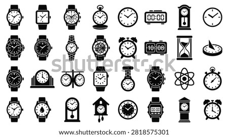 Collection of black clock and watch icons featuring wristwatches, digital smartwatches, analog alarm clocks, hourglass, sundial, pocket watch, and wall clocks on white background.
