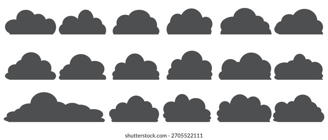 
Una colección de ilustraciones de nube negra. Un conjunto de Vectores de nubes de dibujos animados en diseño plano. Nubes.