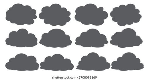 Uma coleção de ilustrações em nuvem preta. Um conjunto de vetores de nuvem de desenho animado em design plano. Nuvens.