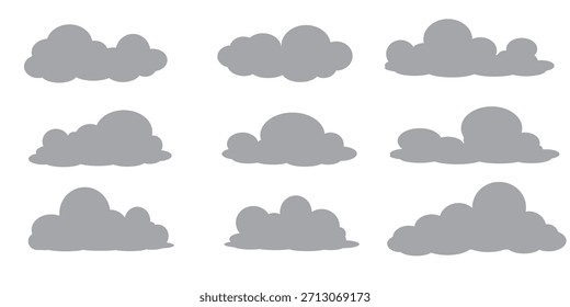 Una colección de ilustraciones de nube negra. Un conjunto de Vectores de nubes de dibujos animados en diseño plano. Nubes.