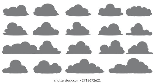Una colección de ilustraciones de nube negra. Un conjunto de Vectores de nubes de dibujos animados en diseño plano. Nubes.