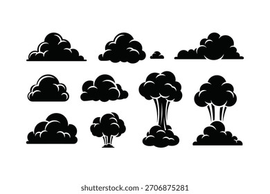 Colección de siluetas de nubes negras y humo, incluyendo varias Formas y efectos de explosión
