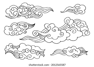 Collection of black clouds in Chinese style. Vector illustration.