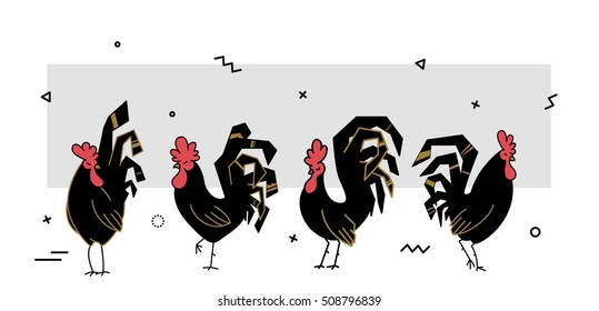 collection of black cock, rooster symbol of 2017 by the Chinese calendar. Illustration roosters can use postcards, advertising, poster, t-shirts, fabrics.