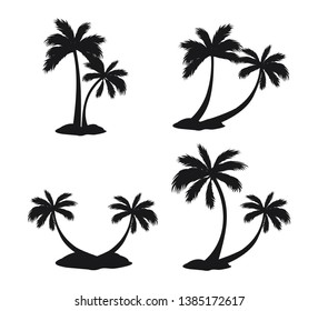 Collection of Black Coconut trees Icon. vector set of tropical palm tree silhouettes. EPS