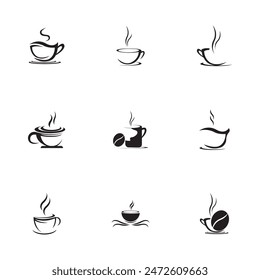 Kollektion von schwarzen Kaffeetassen-Logos mit minimalistischem Touch isoliert auf weißem Hintergrund