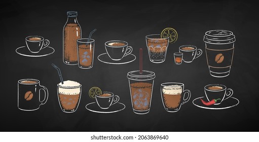 Collection of black coffee drinks isolated on chalkboard background. Vector chalk drawn sideview grunge illustrations.