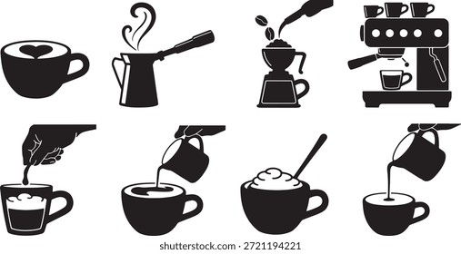 Sammlung von schwarzen Kaffee machen und servieren Vektorsymbole Espresso Latte