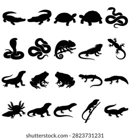 Collection of black cold blooded animal shapes like cobra gecko iguana chameleon turtle toad salamander alligator