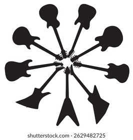 A collection of black coloured guitar silhouettes in a corcle isolated on a white background