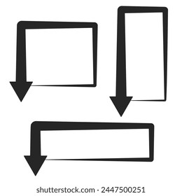 Collection of black comic bubbles with flat arrows isolated on a white background. Simple speech rectangle with arrow marks for infographic, UI, design, website, or presentation. Vector illustration