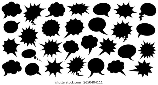Coleção de bolhas de fala de quadrinhos pretas e formas de explosão. Caixa de diálogo em branco e elementos de efeito sonoro para pop art retrô e design cômico.