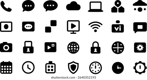 Collection of black communication and technology icons vector illustration.