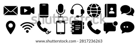 Collection of black communication and technology icons including email, video call, smartphone, microphone, headset, globe, address book, chat bubbles, location, wifi on transparent background