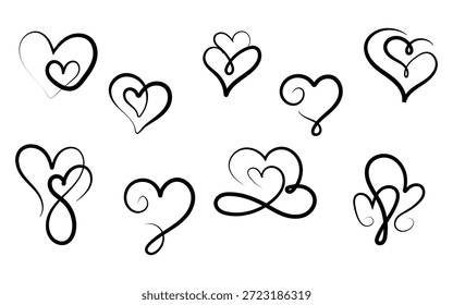 Sammlung von schwarzen durchgehenden Linie Herz-Symbole mit verschiedenen eleganten Wirbeln und Doppelherz-Motive ideal zum Ausdruck tiefer Zuneigung am Valentinstag oder Hochzeit Einladungen.