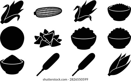 Collection of black corn silhouettes and associated food products showcasing modern minimalist designs for food concepts.