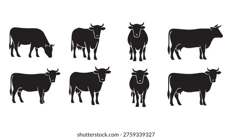 Collection of black cow silhouettes showcasing various poses and angles representing farm animals and agriculture